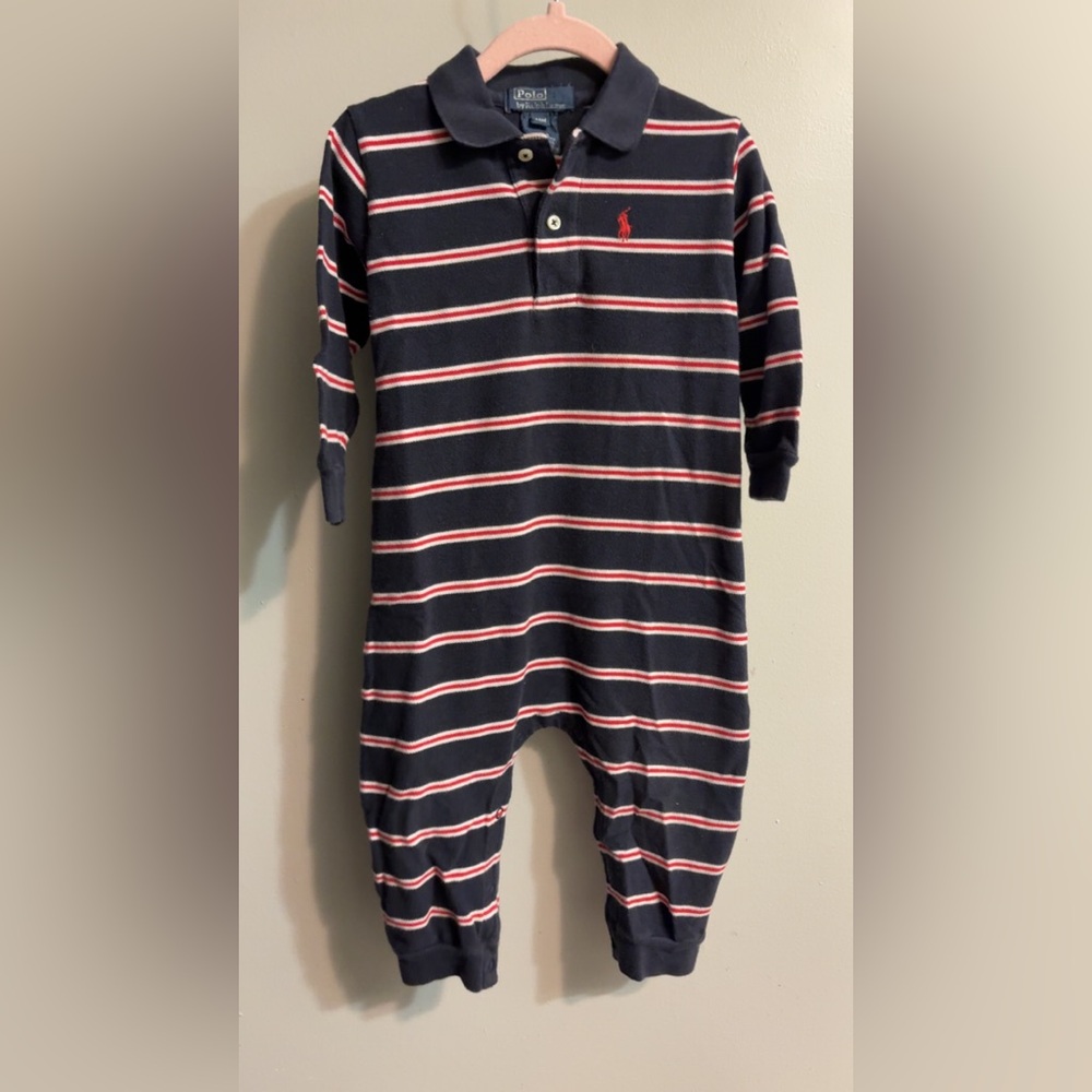 Polo by Ralph Lauren Navy and Red Striped Kids Footie One piece